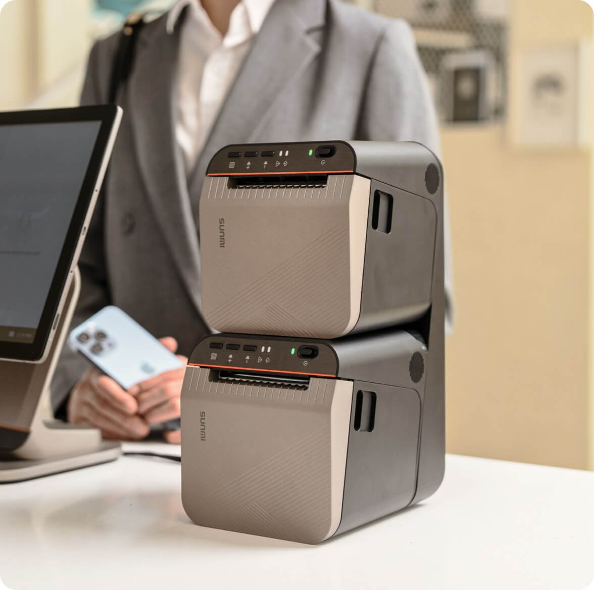 Dual stacked SUNMI 80mm printers on retail counter