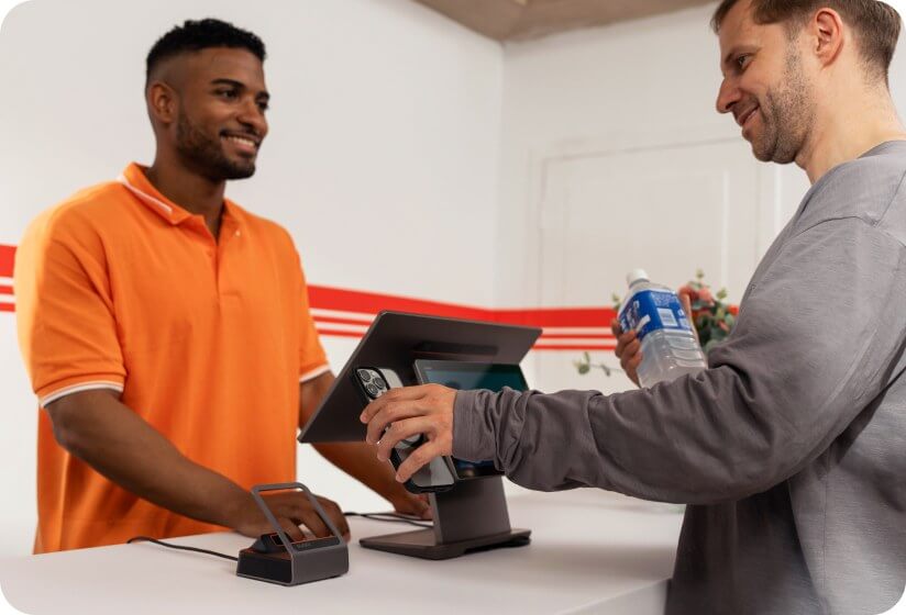 Cashier using barcode scanner