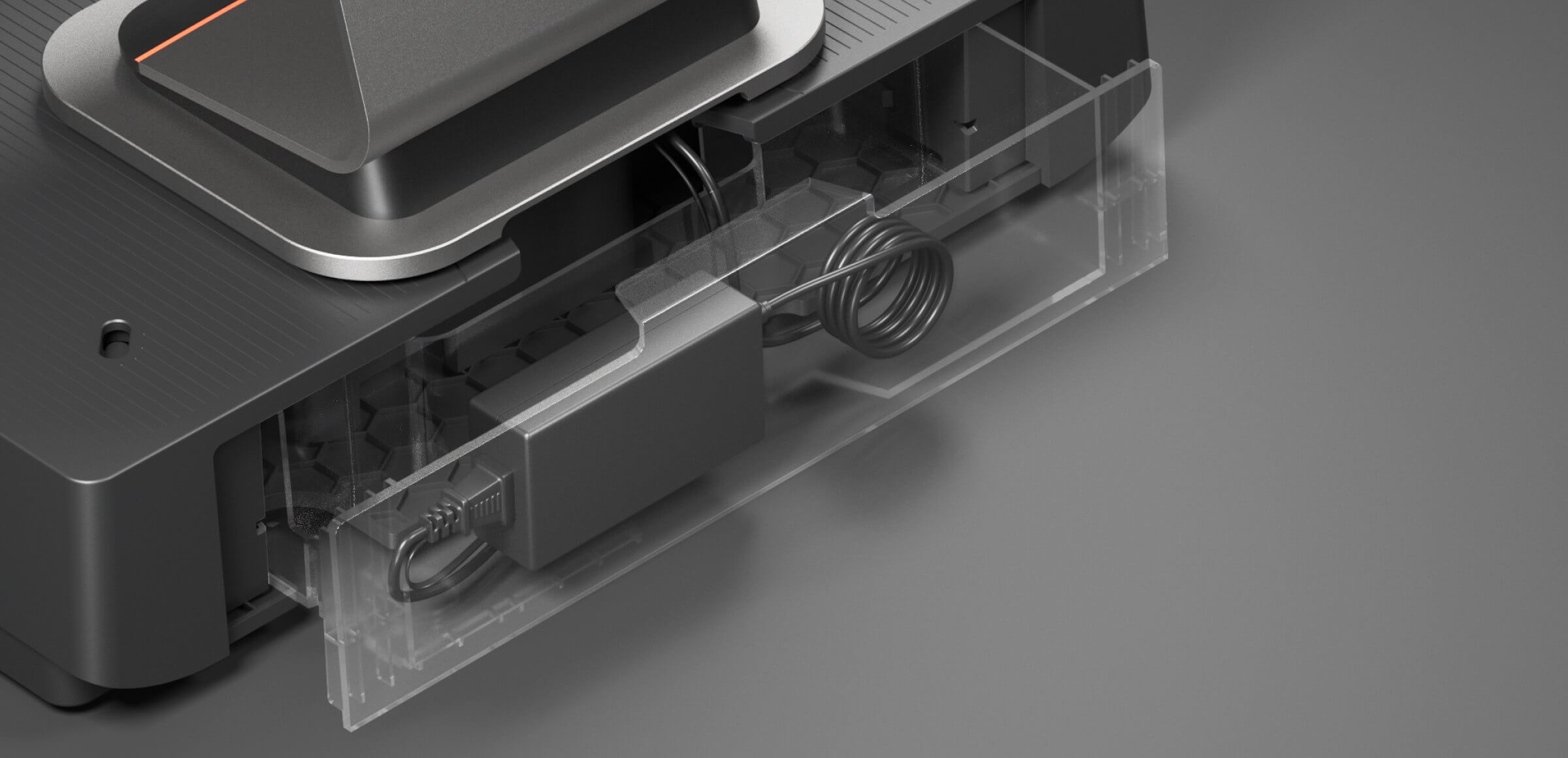Close-up view of the MAX cash drawer's interior, showing internal structure including springs, metal rails, and rear cable management for durability.