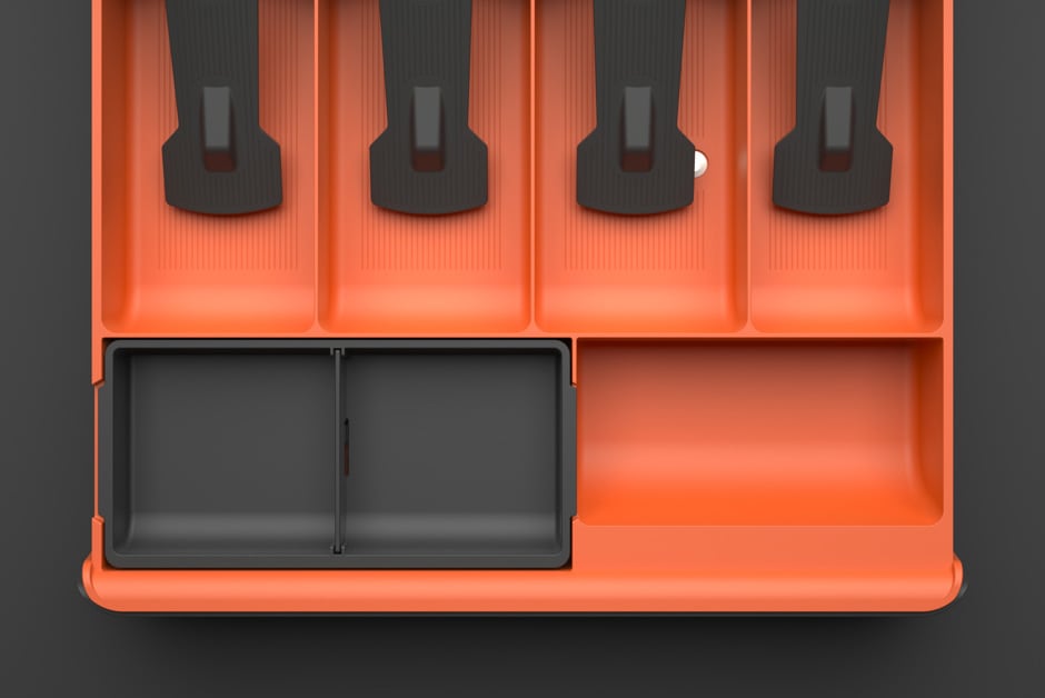 Interior view of the orange SUUN cash drawer, clearly showing its compact design with four bill trays and three coin trays for full capacity.