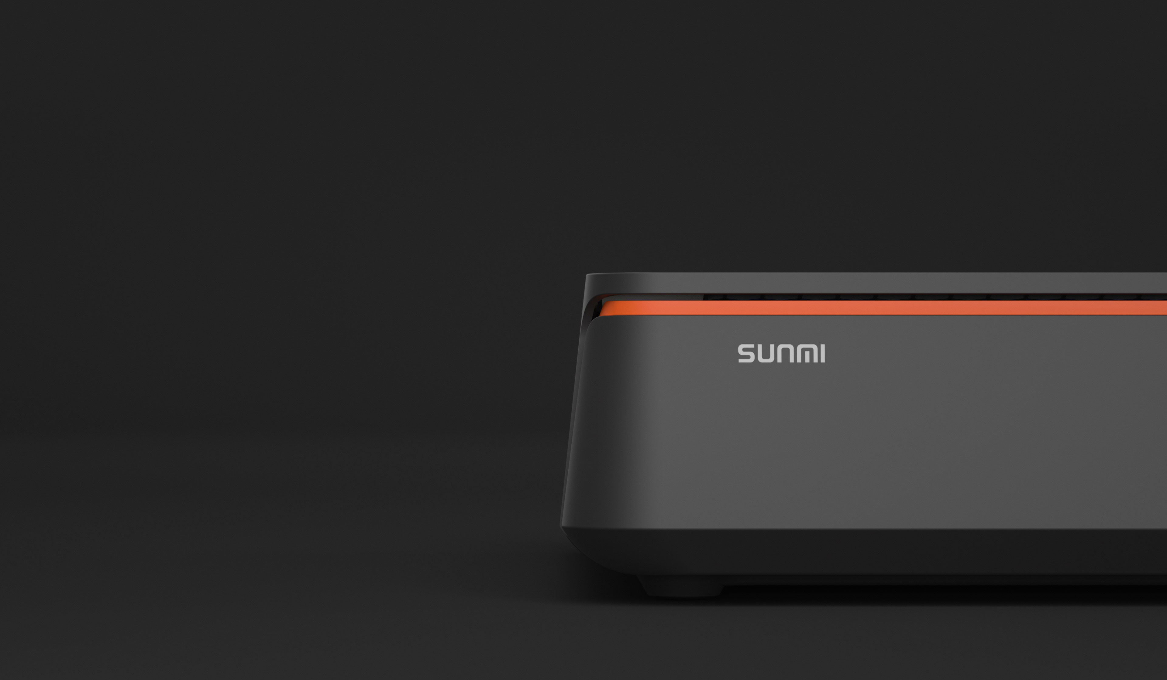 Angle view of a black and orange Sunmi cash drawer, highlighting its trapezoid shape for stability and pressure distribution.