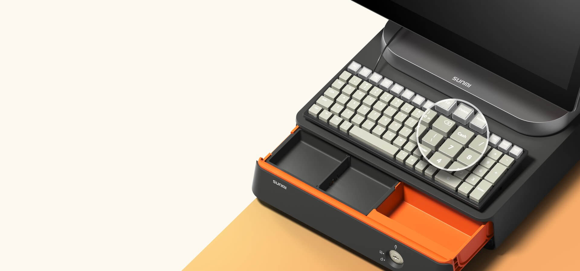 SUNMI keyboard with cash drawer and programmable keys highlighted